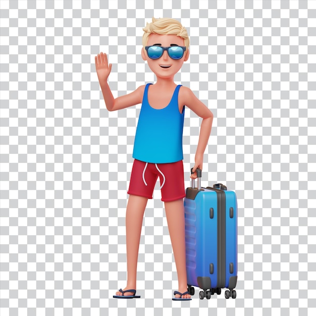 3d illustratie stripfiguur van schattige man met een koffer en zonnebril op zijn zomervakantie