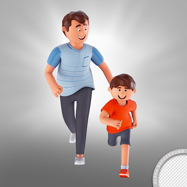 3d illustratie vader en zoon lopen naast elkaar