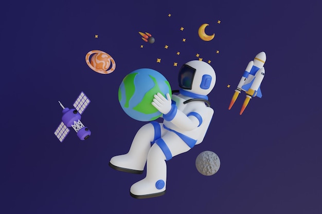 PSD 3d illustratie van astronaut houdt de aarde in zijn handen astronaut in een ruimtepak houdt een planeet vast