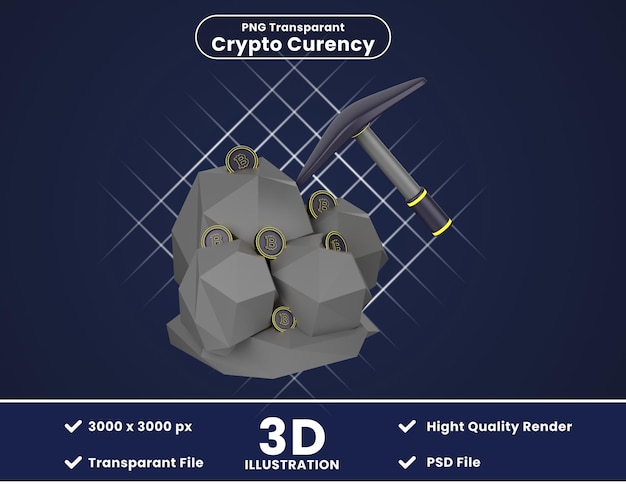 PSD 3d illustratie van bitcoin-mijnbouw