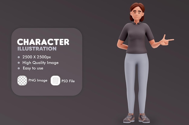 3D illustratie van cartoon meisje wijzend naar de rechterkant met de rechterhand