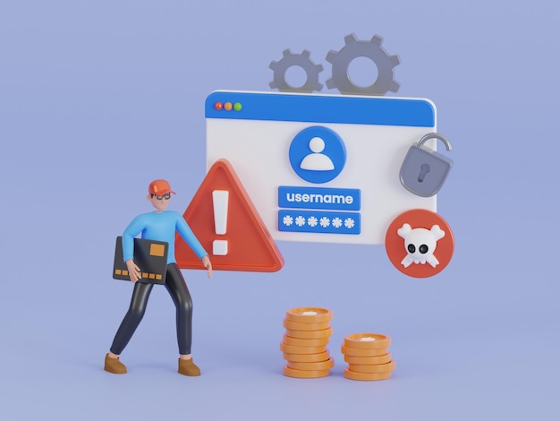 3D Illustratie van Cyber Attack Alert Stelen van persoonlijke informatie Data phishing concept