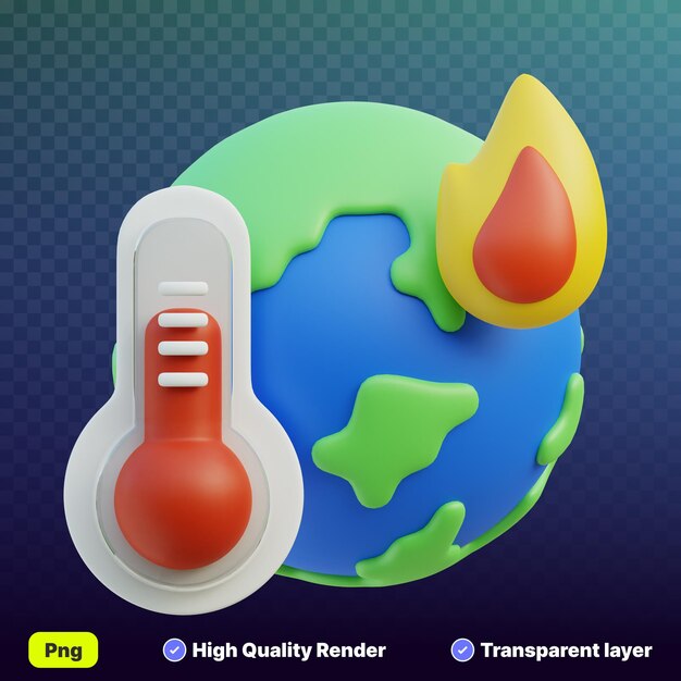 PSD 3d-illustratie van de aardbol met een thermometer met een warmte-signaal voor de opwarming van de aarde op een doorzichtige achtergrond