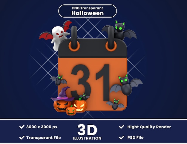 PSD 3d-illustratie van de halloween-kalender