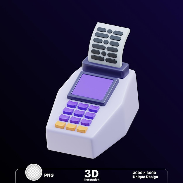 3d-illustratie van de kassier van de mini-rekeningcalculator voor het genereren van facturen in een doorzichtige achtergrond
