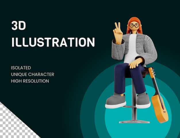 3d illustratie van de meisjesgitarist