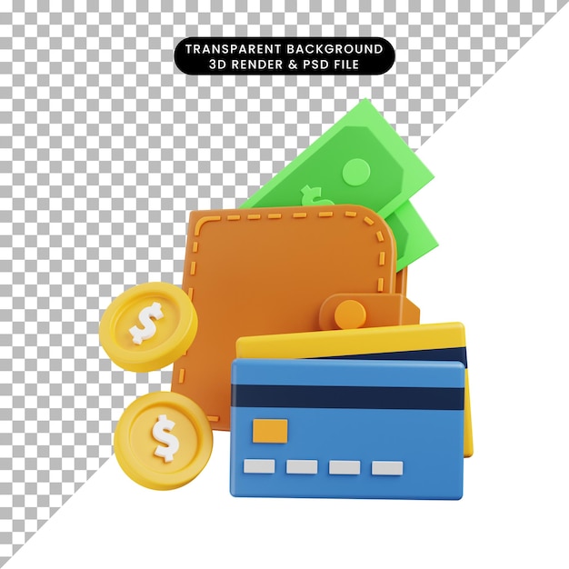 3d illustratie van de portemonnee van het bankwezenpictogram met geld en creditcard 3d-rendering