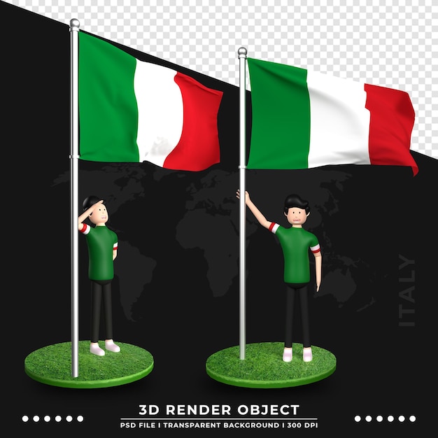 PSD 3d illustratie van de vlag van italië met schattige mensen stripfiguur. 3d-rendering.