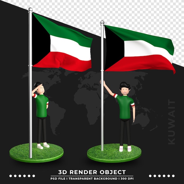 PSD 3d illustratie van de vlag van koeweit met schattige mensen stripfiguur. 3d-rendering.