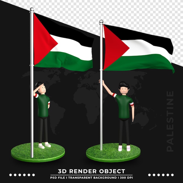 PSD 3d illustratie van de vlag van palestina met schattige mensen stripfiguur. 3d-rendering.