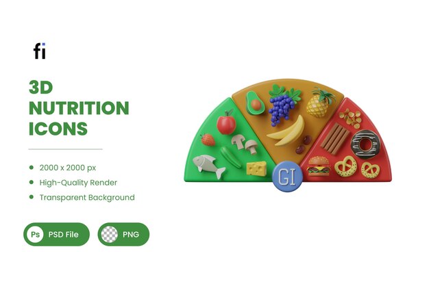 PSD 3d-illustratie van de voeding glycemische index