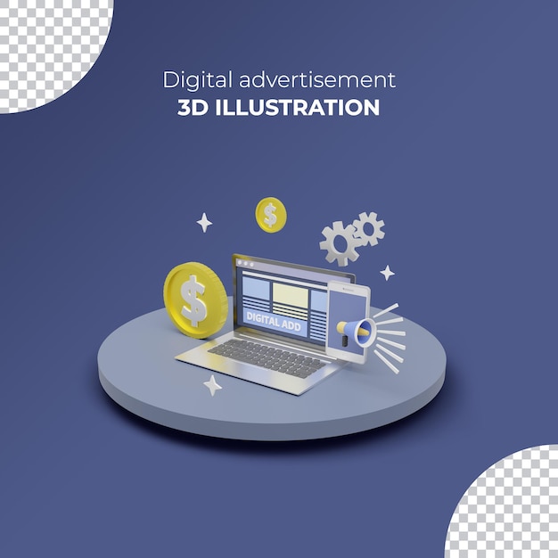 3D illustratie van digitale advertentie 3D-rendering Laptop met de dollar munt