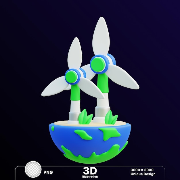 3d-illustratie van een aardbol met windmolens en planten op een doorzichtige achtergrond