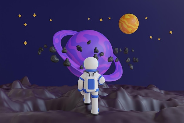 PSD 3d illustratie van een astronaut die naar een planeet kijkt met een paarse planeet op de achtergrond