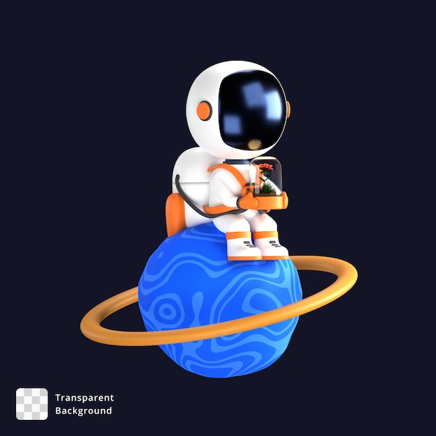 3D illustratie van een astronaut die op een blauwe planeet zit