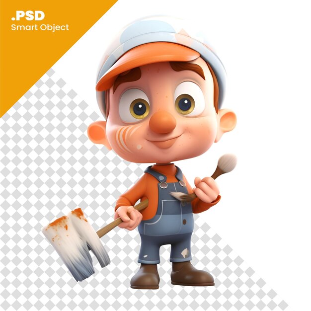 PSD 3d-illustratie van een cartoon personage met penseel en overalls psd-sjabloon