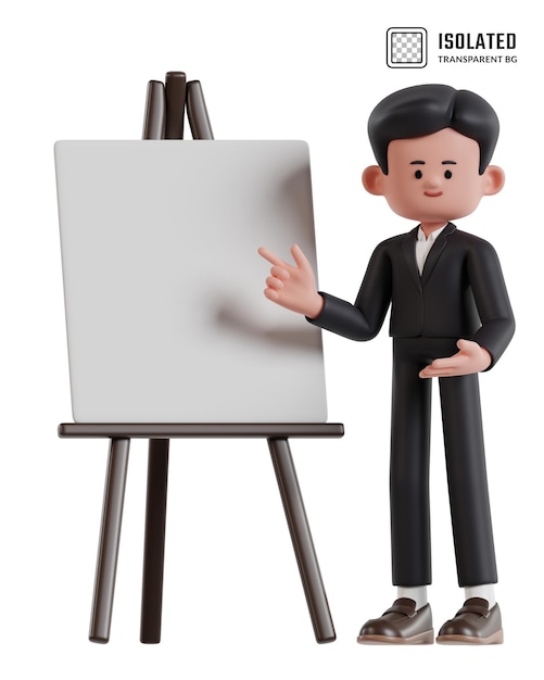 PSD 3d-illustratie van een cartoon zakenman die naar een presentatiebord wijst