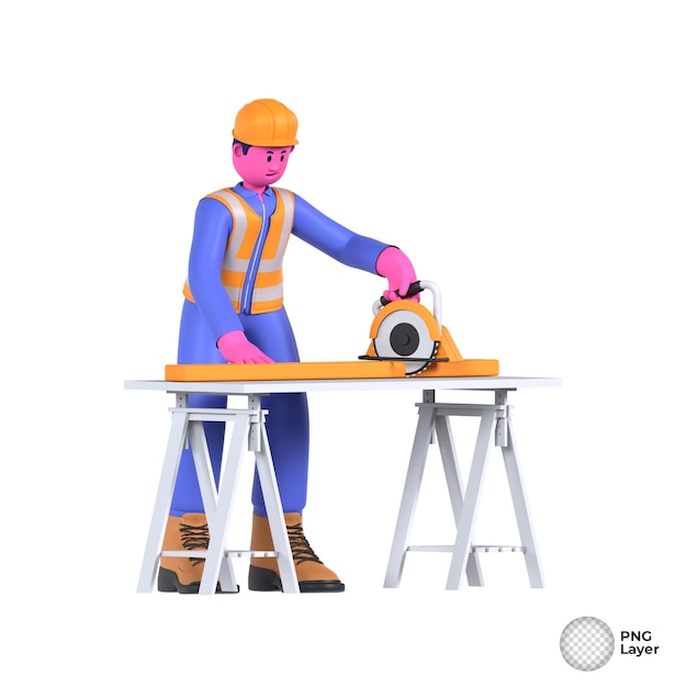 3D-illustratie van een civiele ingenieur die met een houtsnijgereedschap gebruikmaakt om zijn veelzijdigheid in het bouwen te demonstreren