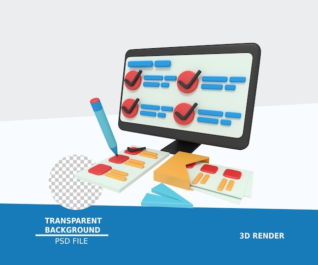 PSD 3d illustratie van een enquêtechecklist op een computer