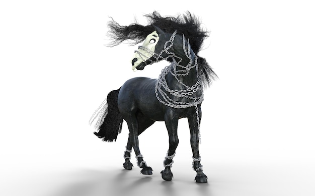 PSD 3d illustratie van een fantasie zwart paard geïsoleerd op groene achtergrond devil horse