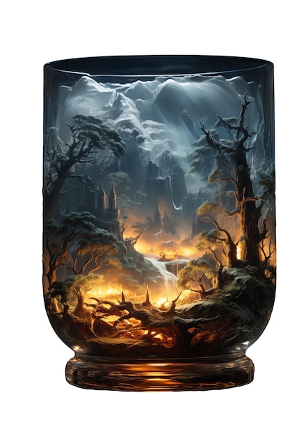 3d-illustratie van een glazen pot met een bos en een vuur geïsoleerd op transparante achtergrond