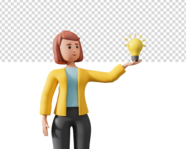 3D illustratie van een glimlachende vrouw die gloeilamp vasthoudt