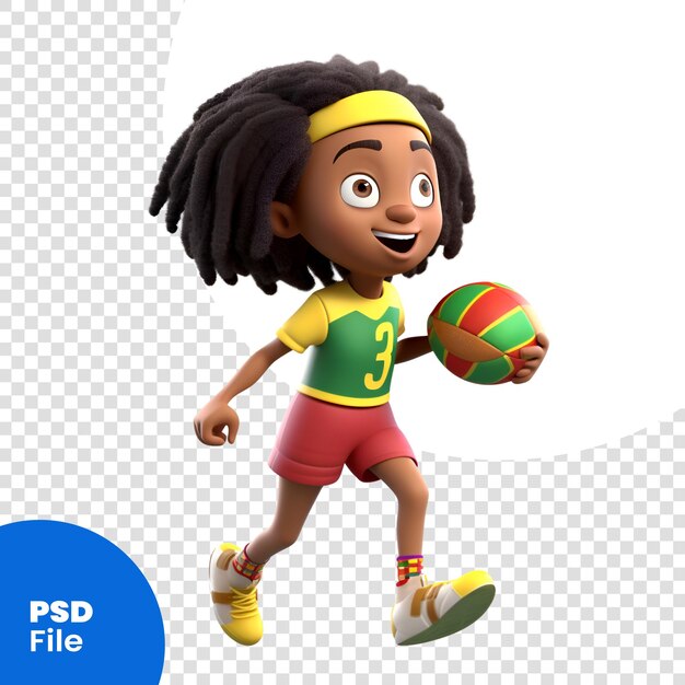 PSD 3d-illustratie van een klein afrikaans meisje met een basketbal psd-sjabloon