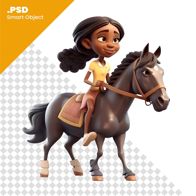 PSD 3d-illustratie van een klein afro-amerikaans meisje dat op een paard rijdt psd-sjabloon