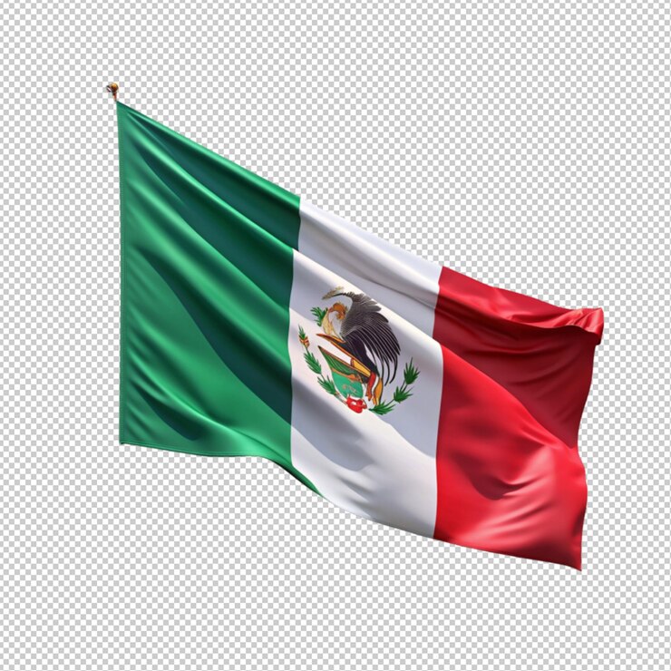 PSD 3d-illustratie van een mexicaanse vlag op een vlaggenmast en op de achtergrond een prachtige hemel met een zonsondergang