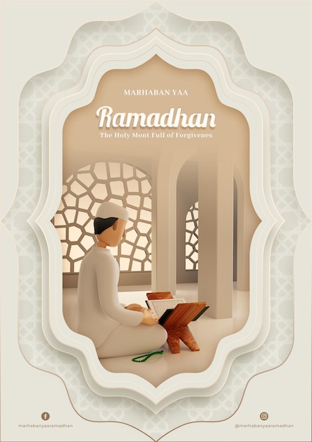 PSD 3d illustratie van een moslim die de koran leest tijdens de ramadan