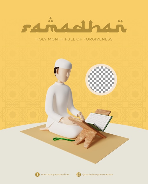 PSD 3d illustratie van een moslim die de koran leest tijdens de ramadan
