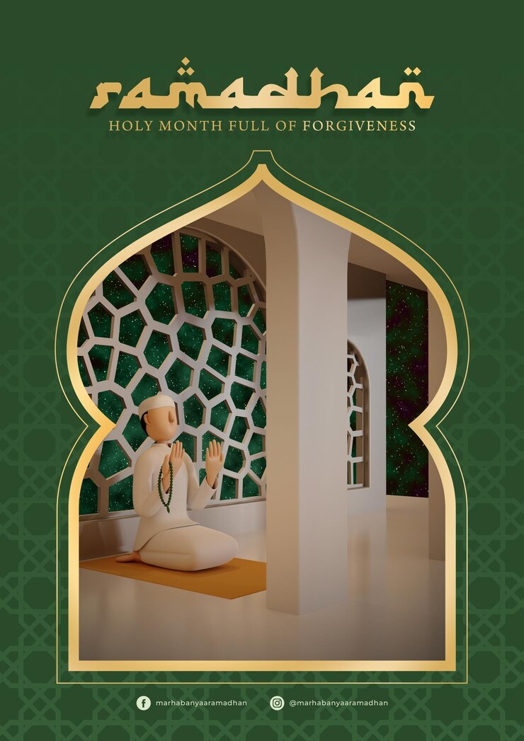 PSD 3d illustratie van een moslim die tijdens de ramadan in de moskee bidt