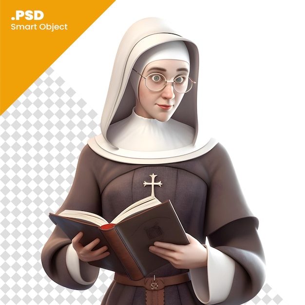 PSD 3d-illustratie van een non die een boek leest geïsoleerd op een witte achtergrond psd-sjabloon