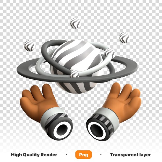 PSD 3d-illustratie van een paar handen die een planeet met sterren en een ring rondhouden op een doorzichtige achtergrond