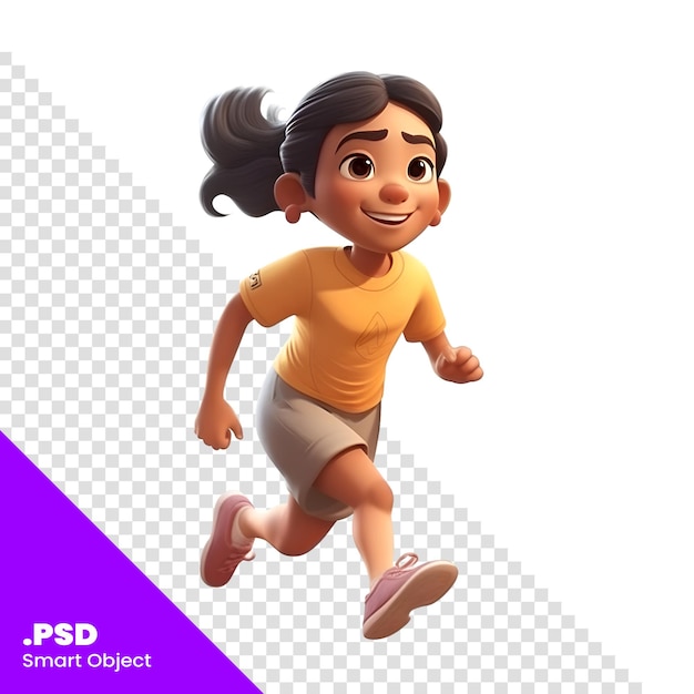 PSD 3d-illustratie van een schattig klein meisje dat geïsoleerd loopt op een witte achtergrond psd-sjabloon