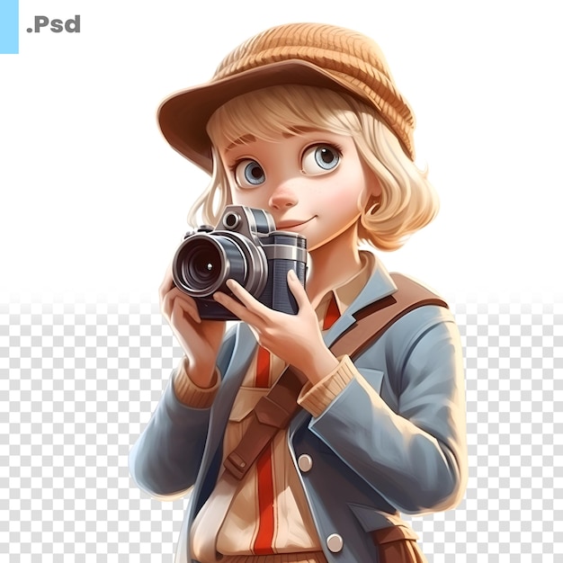 PSD 3d illustratie van een schattig meisje met een camera op een witte achtergrond psd-sjabloon