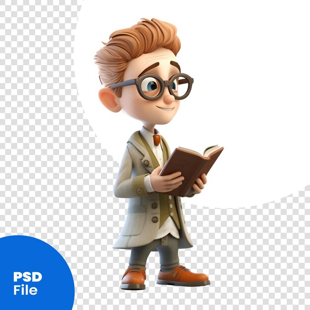 PSD 3d-illustratie van een schattige cartoon jongen met een bril die een boek leest psd-sjabloon