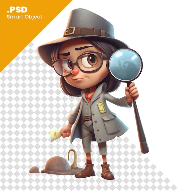 PSD 3d illustratie van een schattige cartoondetective met vergrootglas. psd-sjabloon