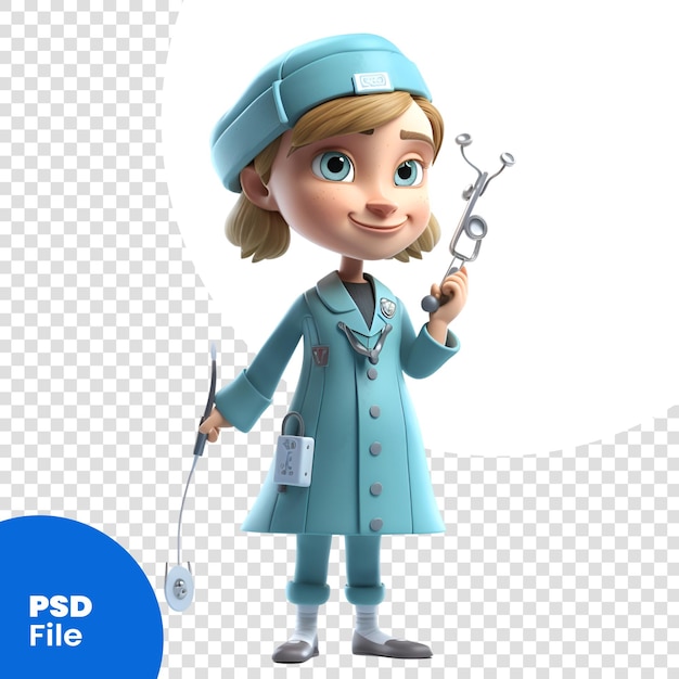 PSD 3d illustratie van een schattige cartoonverpleegster met een stethoscoop psd-sjabloon