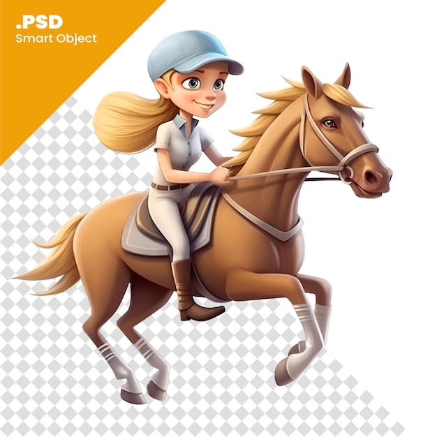 PSD 3d-illustratie van een tienermeisje dat op een paard rijdt met een geïsoleerde witte achtergrond psd-sjabloon