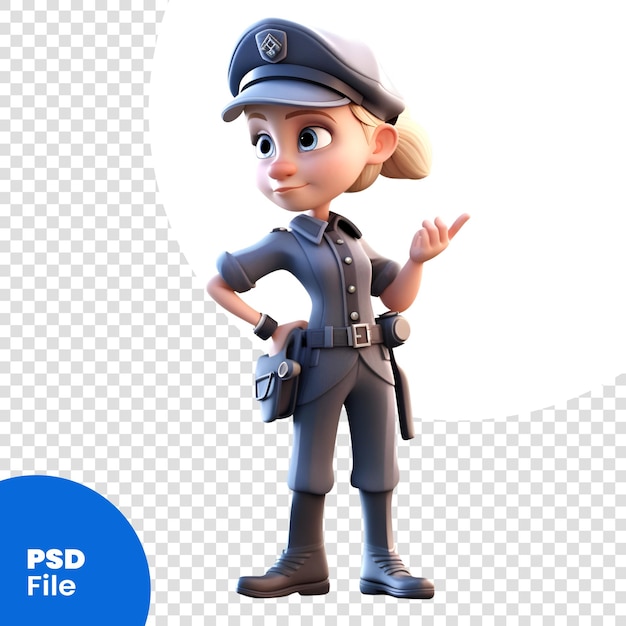 PSD 3d-illustratie van een vrouwelijke politieagent met pet en blauw uniform met een psd-sjabloon