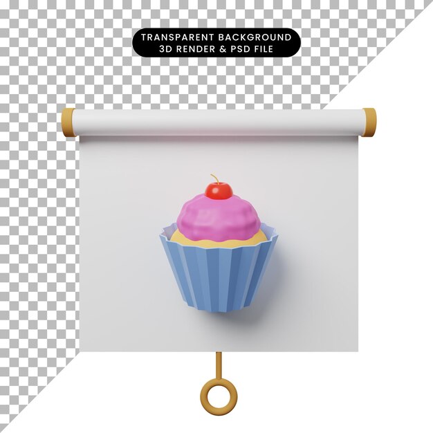 3d illustratie van eenvoudig object presentatiebord vooraanzicht met cup cake