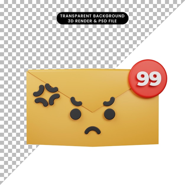 3d illustratie van eenvoudige pictogramemoji boze e-mail met envelop 3d geef stijl terug