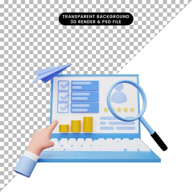 PSD 3d illustratie van gegevensanalyserapport op laptop