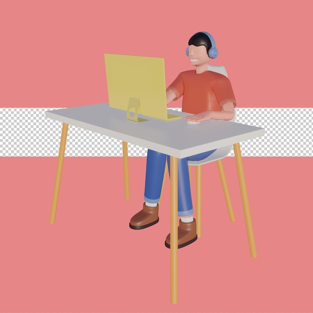 3d illustratie van gelukkig freelancerkarakter met computer thuis