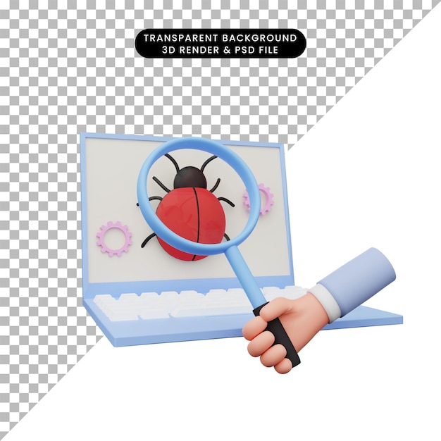 3d illustratie van hand die een vergrootglas houdt om op laptop te afluisteren