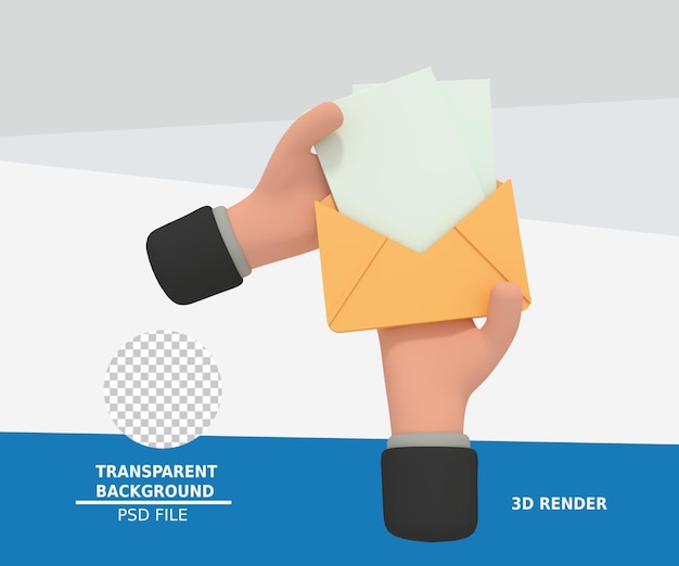 PSD 3d illustratie van hand die envelop met blanco papier geeft