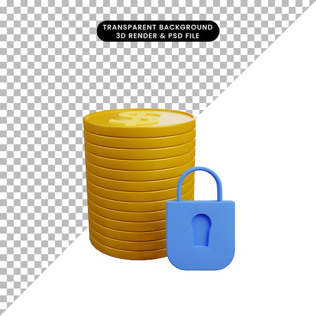 PSD 3d illustratie van het geldmuntstuk van het veiligheidsconcept met hangslot