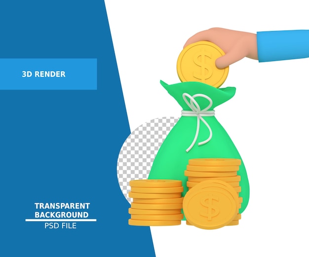 3d illustratie van het zetten van dollarmunten in een geldzak