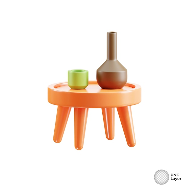PSD 3d-illustratie van houten meubels versierd met een fles en een beker die rustieke charme uitstralen